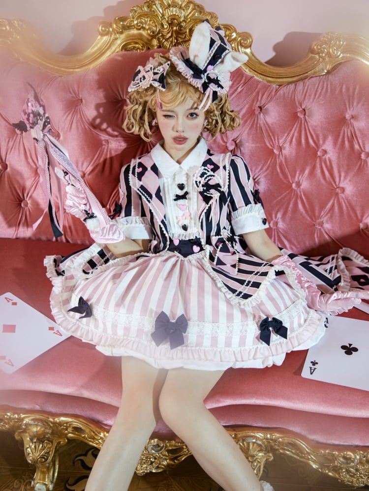 Black and Pink Sweet Magician Tailed Dress Chess and Stripe Pattern CIrcus Dress