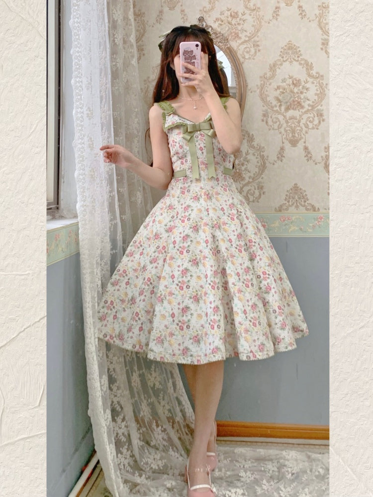 Flipped Green Floral Print High Waist Elegant Jumper Skirt