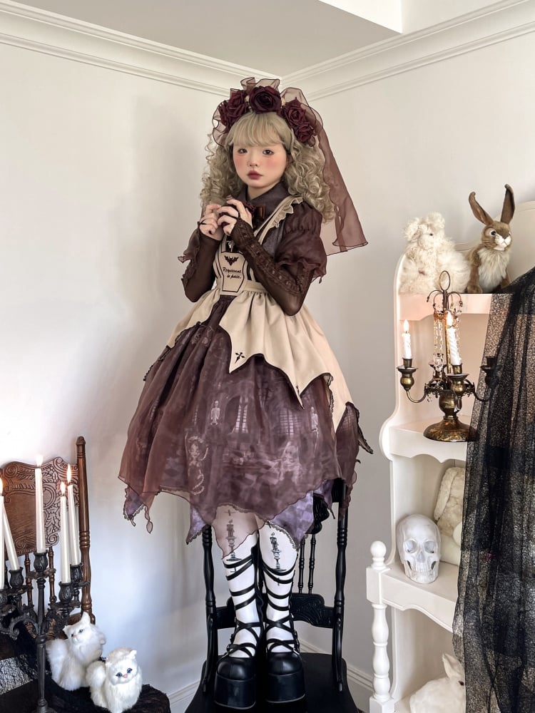 Clearance - Size S for Bust 71cm Brown The Vampire Bride Print One Piece