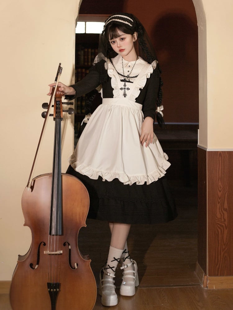 Clearance - Miss Grace Black Peter Pan Collar Long Sleeves Maid One Piece Full Set