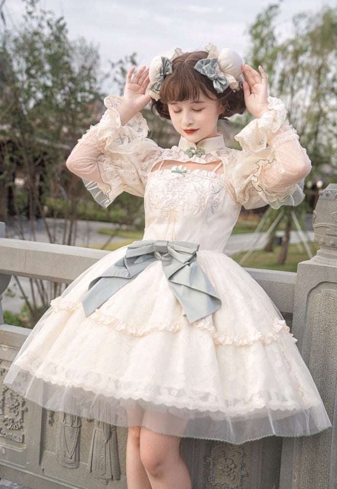 Chang'an Ballad Han Lolita Floral Embroidery Puff Sleeves One Piece Full Set