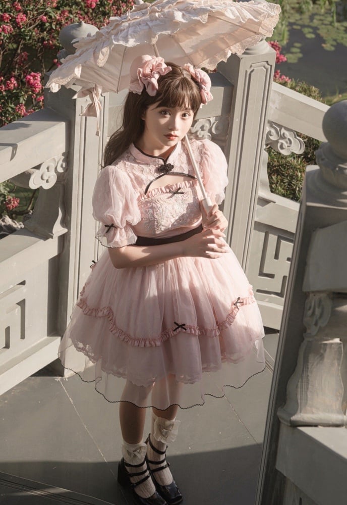 Chang'an Ballad Han Lolita Floral Embroidery Puff Sleeves One Piece Full Set