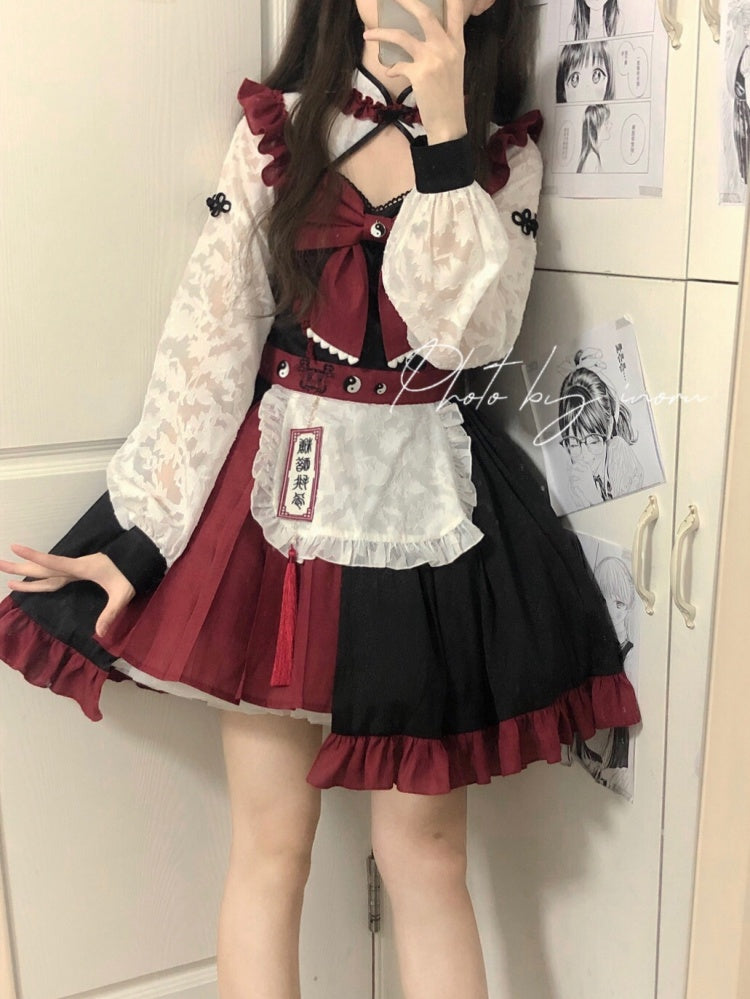 Banded Collar Irregular Pleated Ruffle Hem Qi Lolita Long Sleeves One Piece