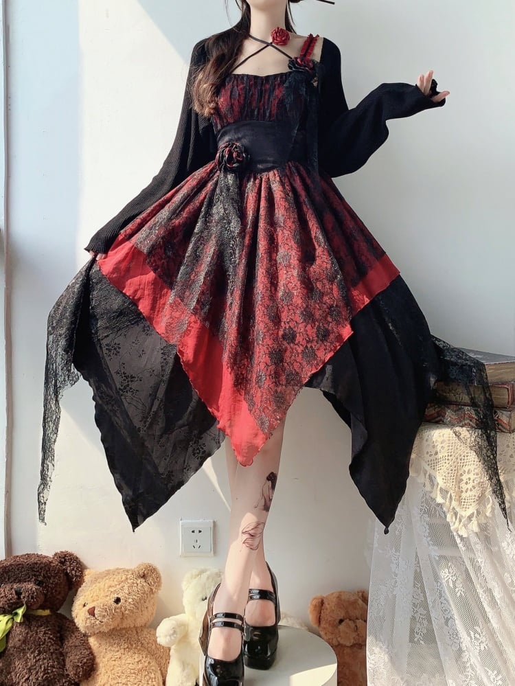 Red Floral Decoration Handkerchief Hem Jumper Skirt Asymmetrical Shoulder Straps