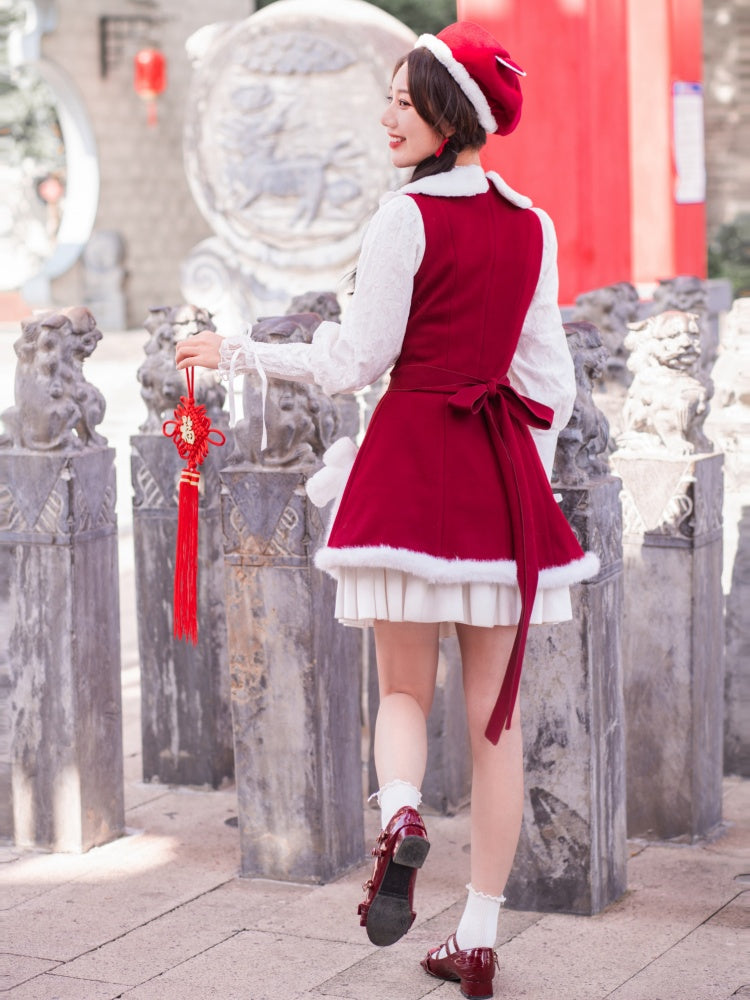 New Year Red and White Plush Bowknot Slit Side Hem Jumper Skirt