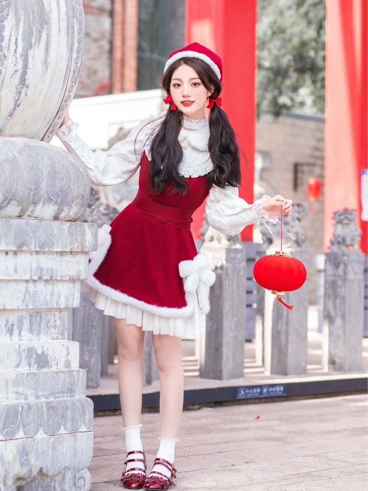 New Year Red and White Plush Bowknot Slit Side Hem Jumper Skirt