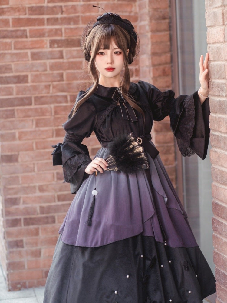 Clearance-Size S for Bust 83CM Hibiscus Black and Purple Butterfly Beads Details Hem Long Sleeves One Piece