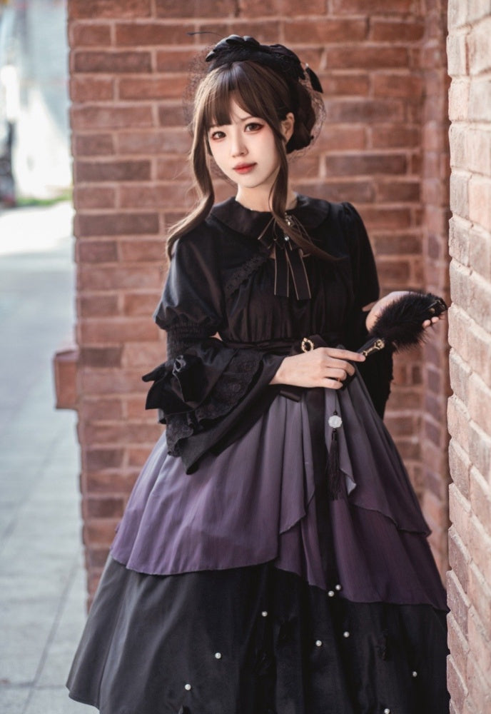 Clearance-Size S for Bust 83CM Hibiscus Black and Purple Butterfly Beads Details Hem Long Sleeves One Piece