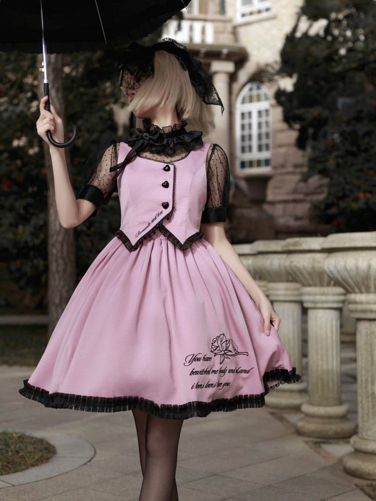 Black and Pink Waistcoat Bodice Design Jumper Skirt + Blouse Set