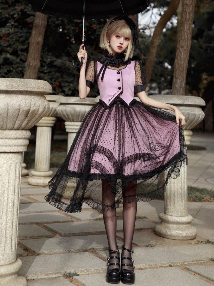 Black and Pink Waistcoat Bodice Design Jumper Skirt + Blouse Set