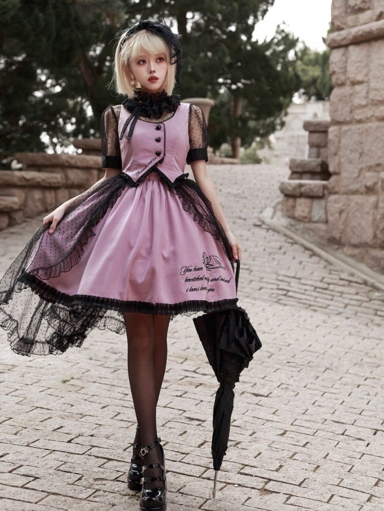 Black and Pink Waistcoat Bodice Design Jumper Skirt + Blouse Set