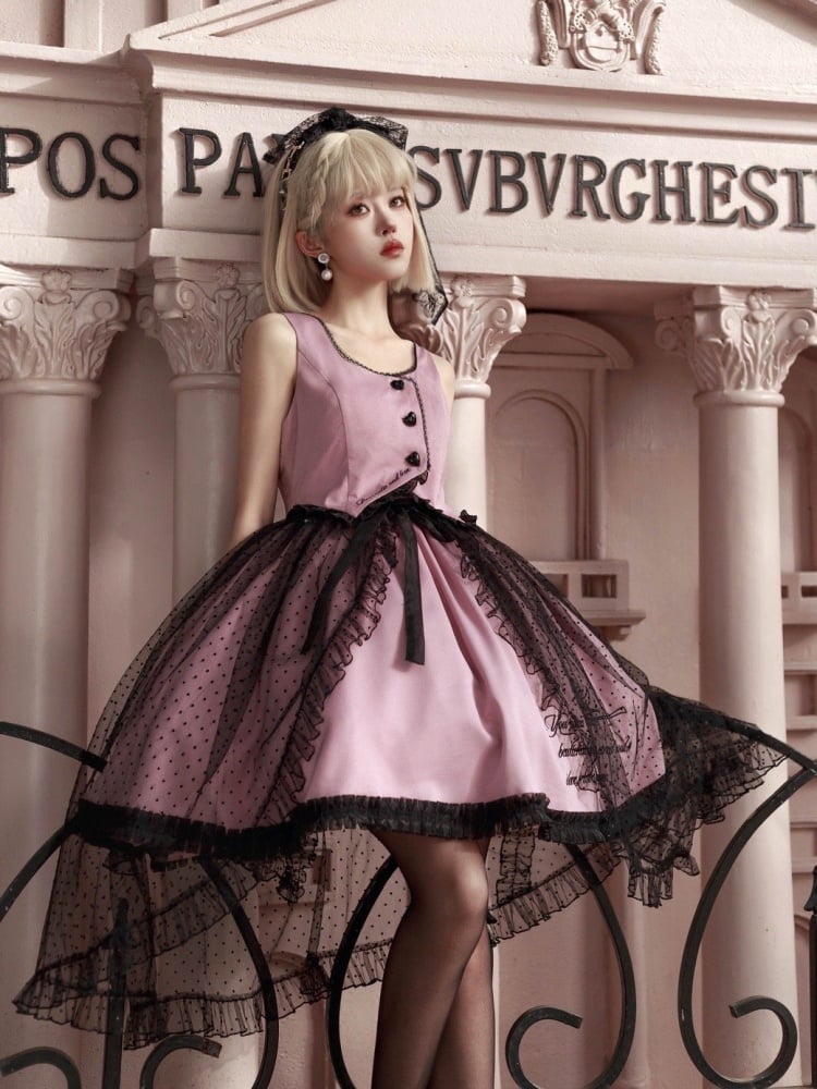 Black and Pink Waistcoat Bodice Design Jumper Skirt + Blouse Set