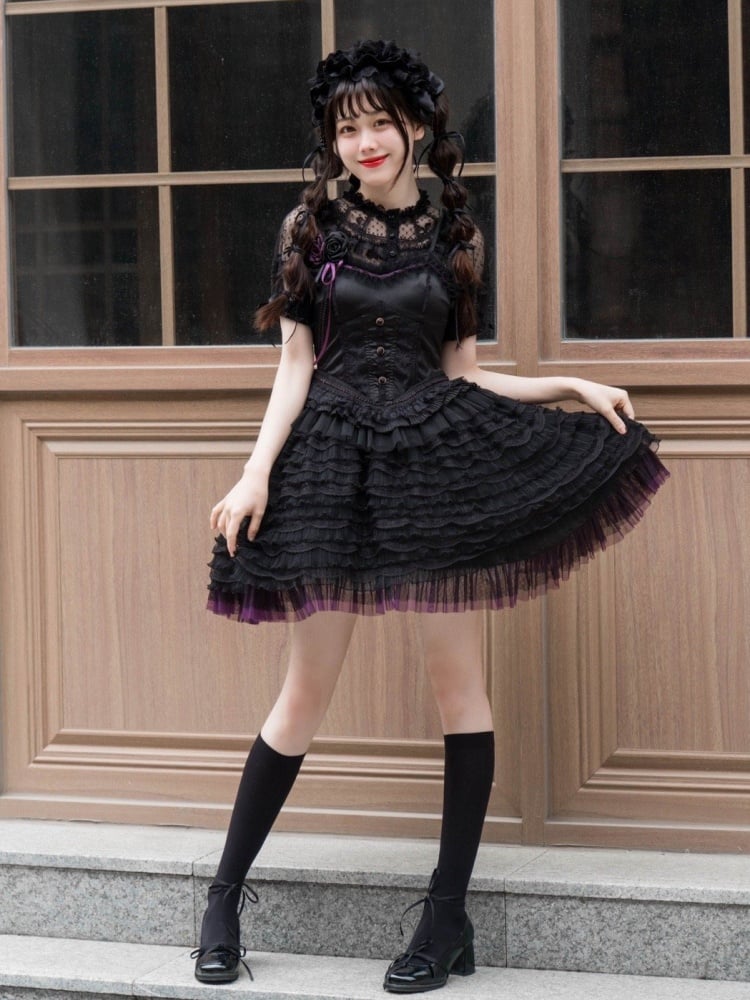 Boned Corset Waist Ballet Dress Jumper Skirt Black and Purple