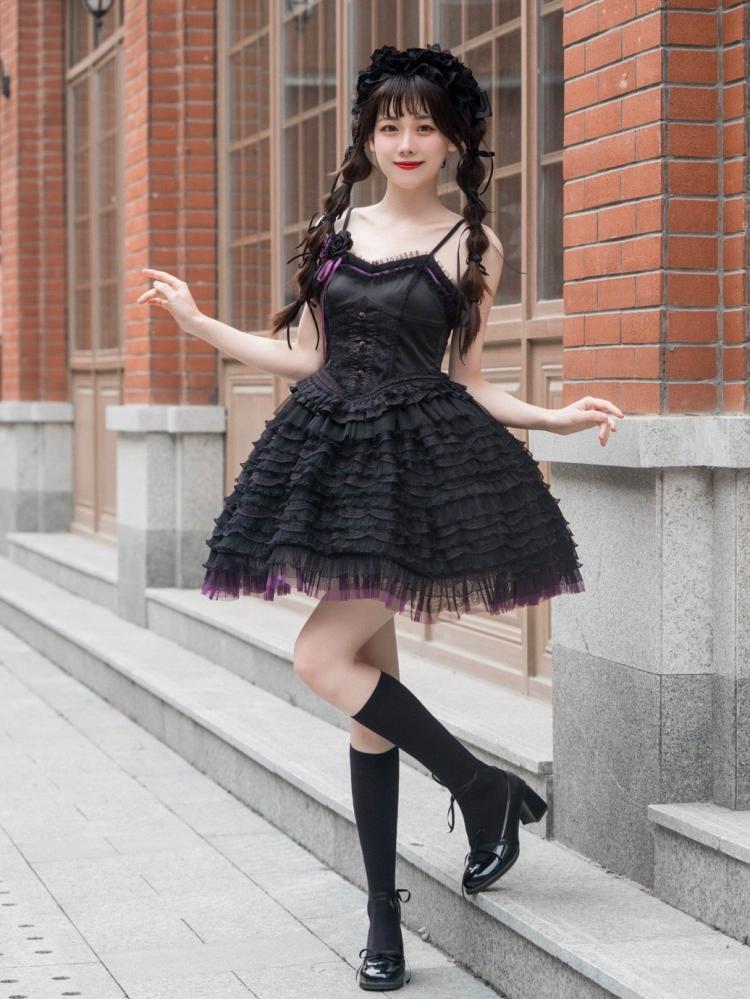 Boned Corset Waist Ballet Dress Jumper Skirt Black and Purple