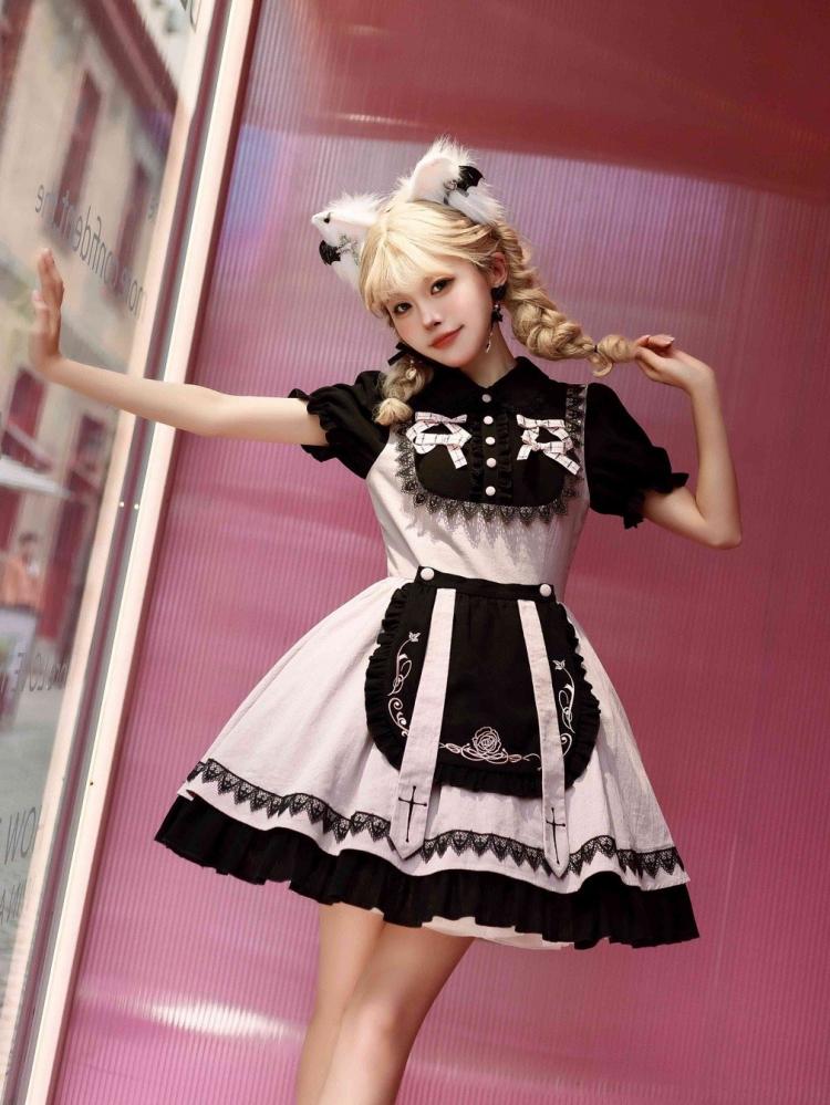 Black and Pink Fake Two-pieces Design One Piece with Detachable Apron