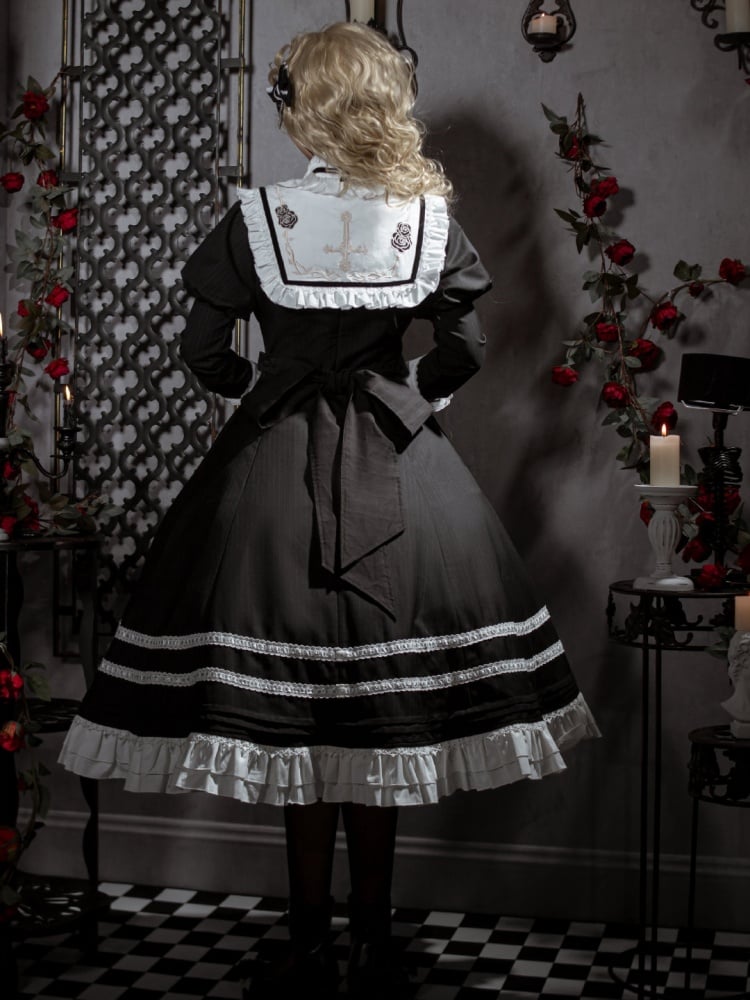 Black and White Gothic Ruffle Neckline Juliette Sleeves One Piece