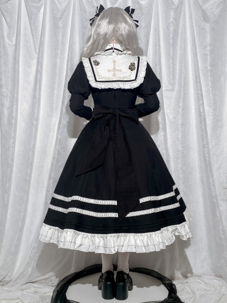 Black and White Gothic Ruffle Neckline Juliette Sleeves One Piece