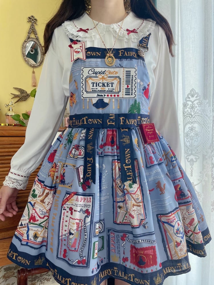 Blue Ticket Pocket Front Overalls Lace-up Closure Back