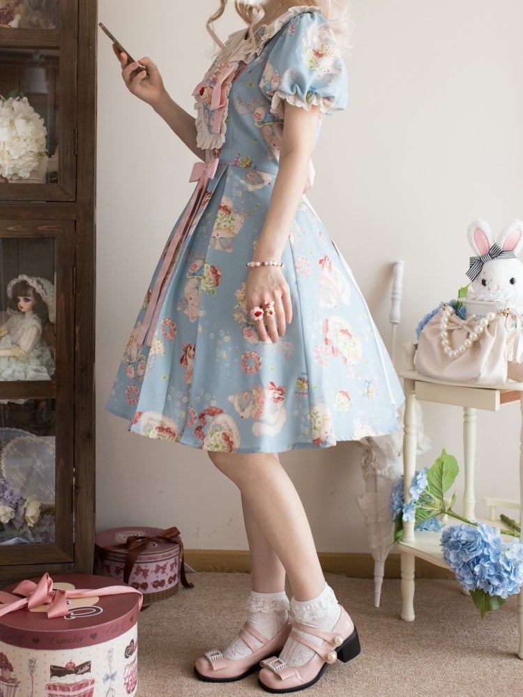 Blue Sweet Peter Pan Collar Kitty Print One Piece