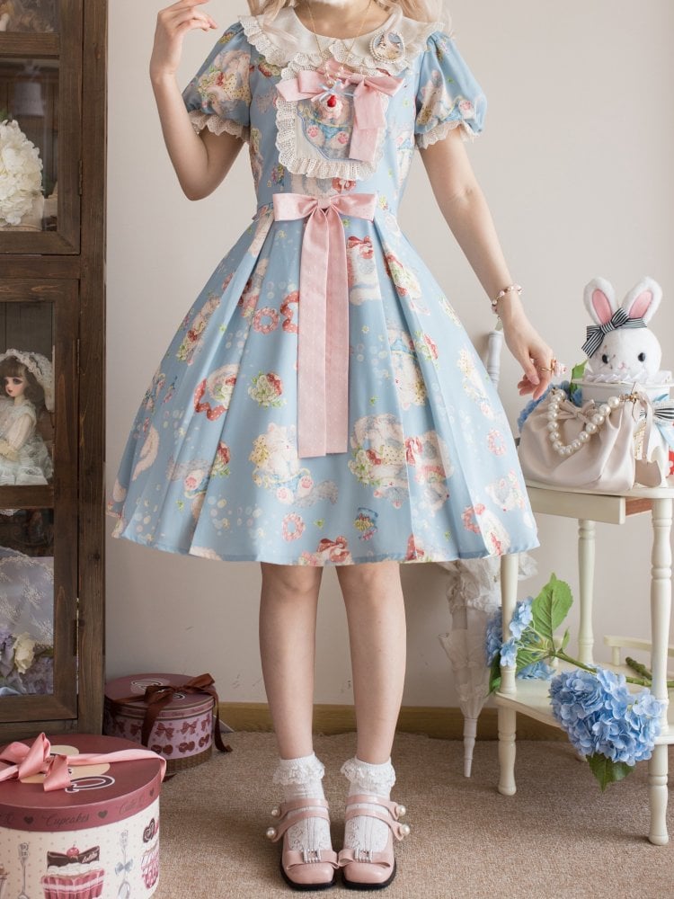 Blue Sweet Peter Pan Collar Kitty Print One Piece