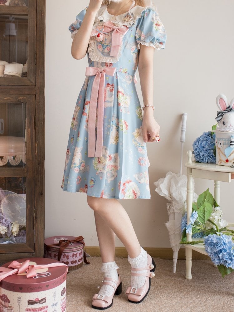 Blue Sweet Peter Pan Collar Kitty Print One Piece