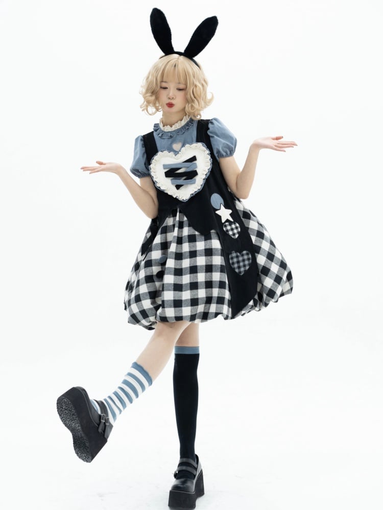 Black Plaid Bubble Skirt Jumper Skirt + Blue Blouse Set Alice in Wonderland Vibes Dress