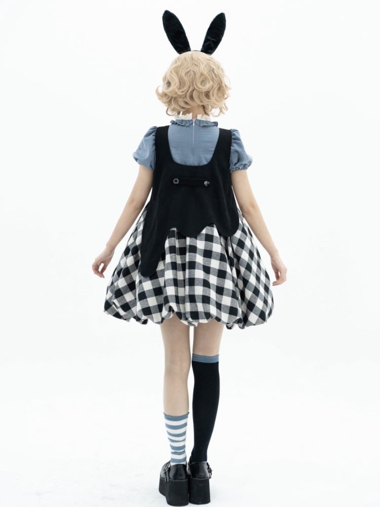 Black Plaid Bubble Skirt Jumper Skirt + Blue Blouse Set Alice in Wonderland Vibes Dress