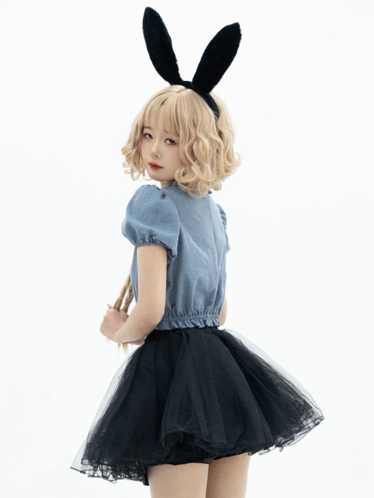 Black Plaid Bubble Skirt Jumper Skirt + Blue Blouse Set Alice in Wonderland Vibes Dress