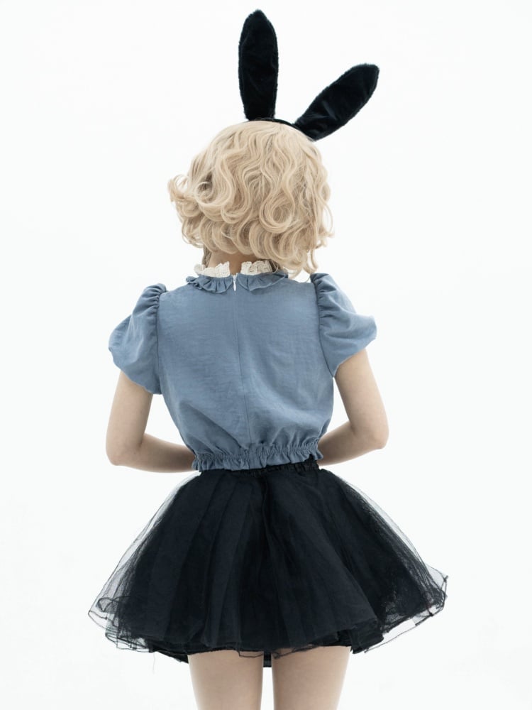 Black Plaid Bubble Skirt Jumper Skirt + Blue Blouse Set Alice in Wonderland Vibes Dress