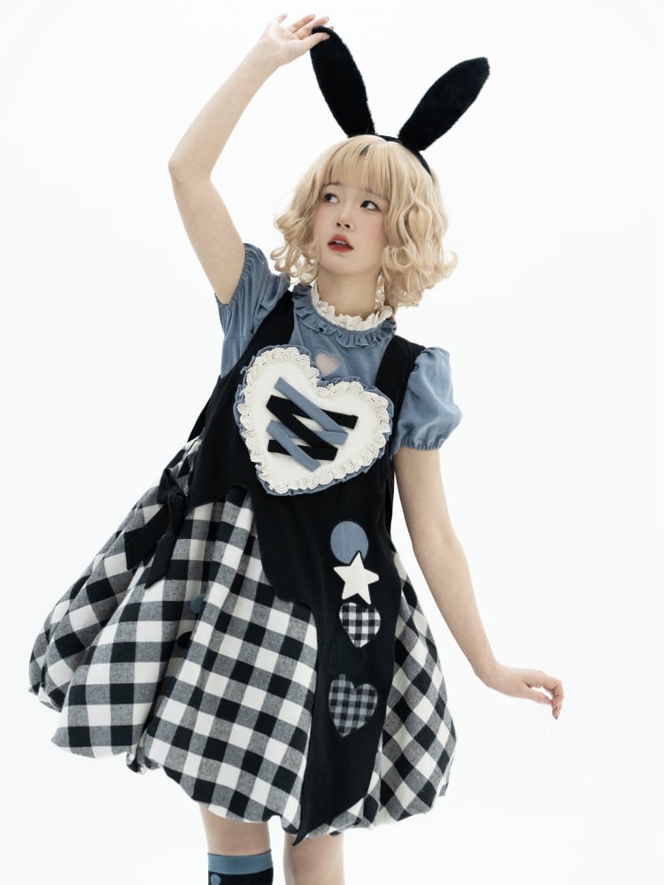 Black Plaid Bubble Skirt Jumper Skirt + Blue Blouse Set Alice in Wonderland Vibes Dress