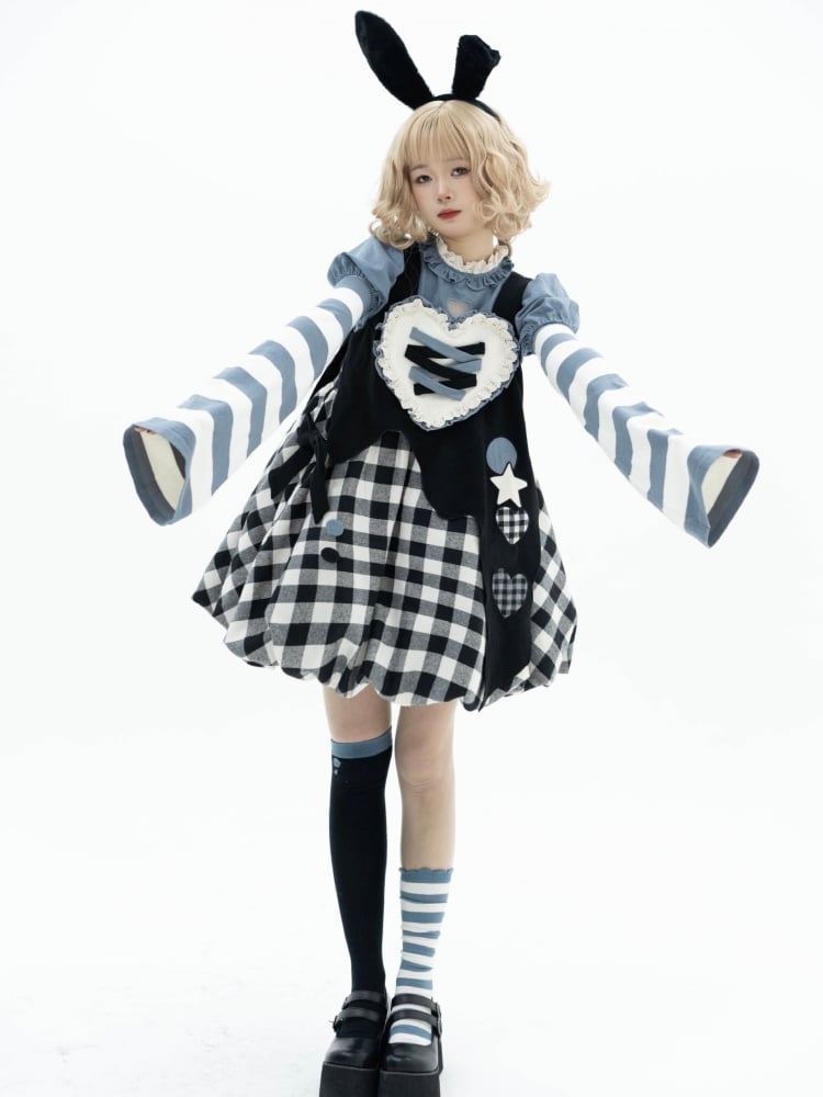 Black Plaid Bubble Skirt Jumper Skirt + Blue Blouse Set Alice in Wonderland Vibes Dress