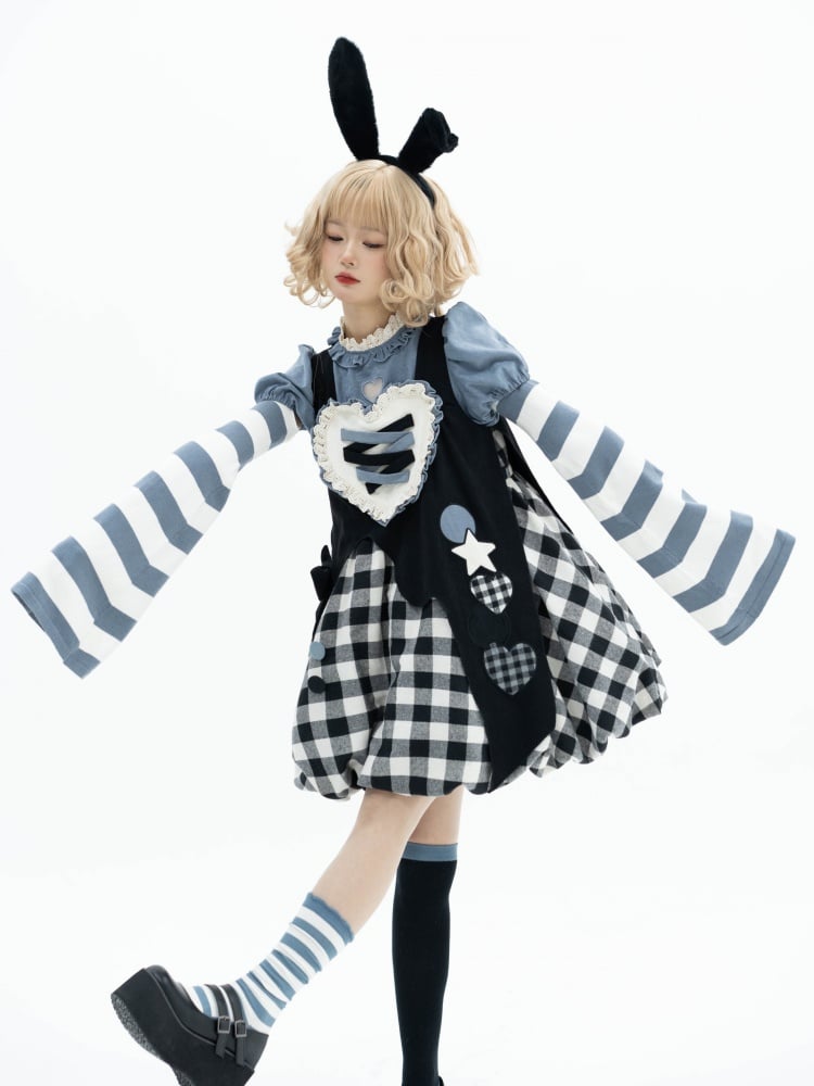 Black Plaid Bubble Skirt Jumper Skirt + Blue Blouse Set Alice in Wonderland Vibes Dress