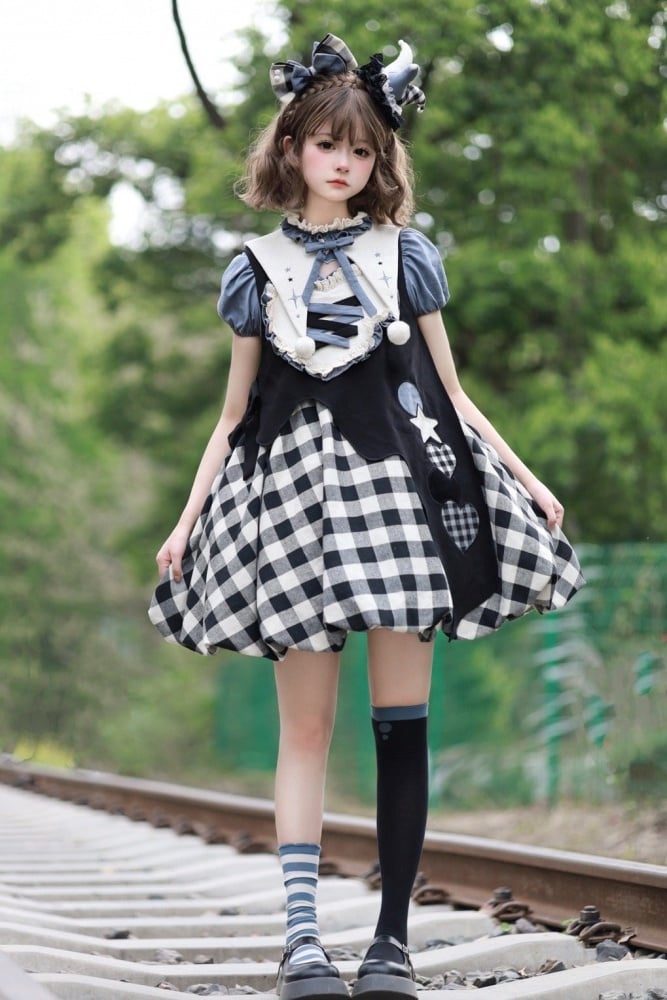 Black Plaid Bubble Skirt Jumper Skirt + Blue Blouse Set Alice in Wonderland Vibes Dress