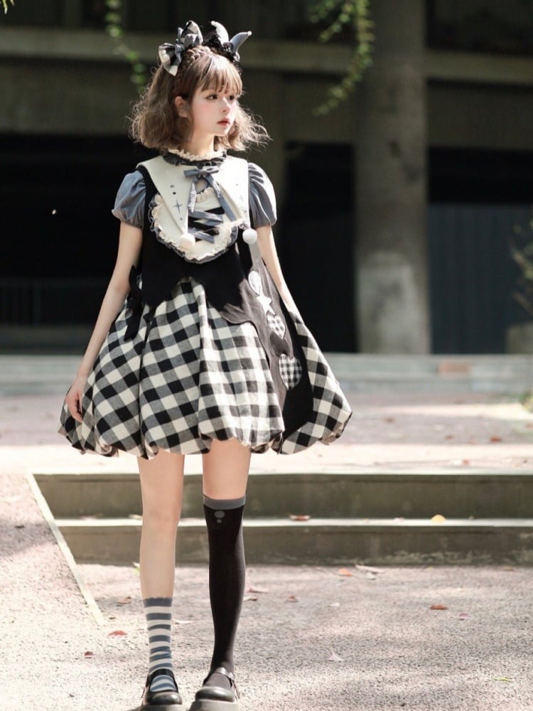 Black Plaid Bubble Skirt Jumper Skirt + Blue Blouse Set Alice in Wonderland Vibes Dress