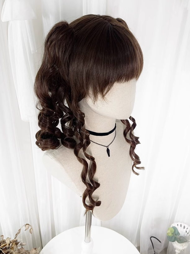 Dark Brown Curly Synthetic Wig with Detachable Ponytails