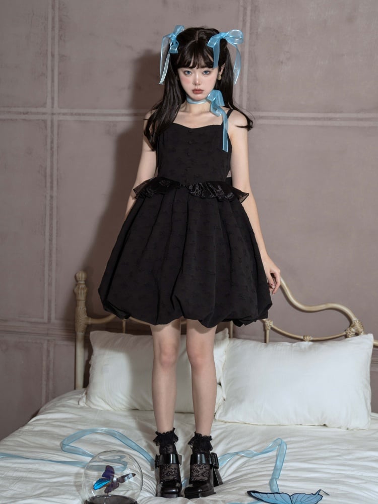 Black Butterfly Bodice Dress Bubble Skirt Jumper Skirt