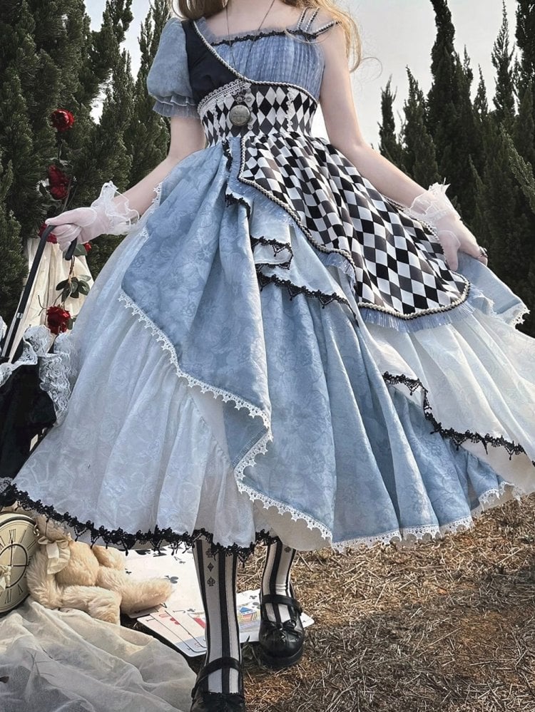 Asymmetrical Sleeves Blue and Black Chess Pattern One Piece Alice in Wonderland Vibes