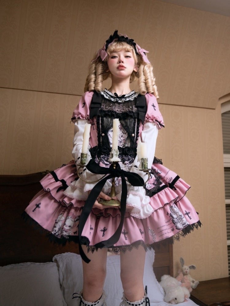 Black and Pink Cross and Bunny Print One Piece with Detachable Sleeves - Sukuroi