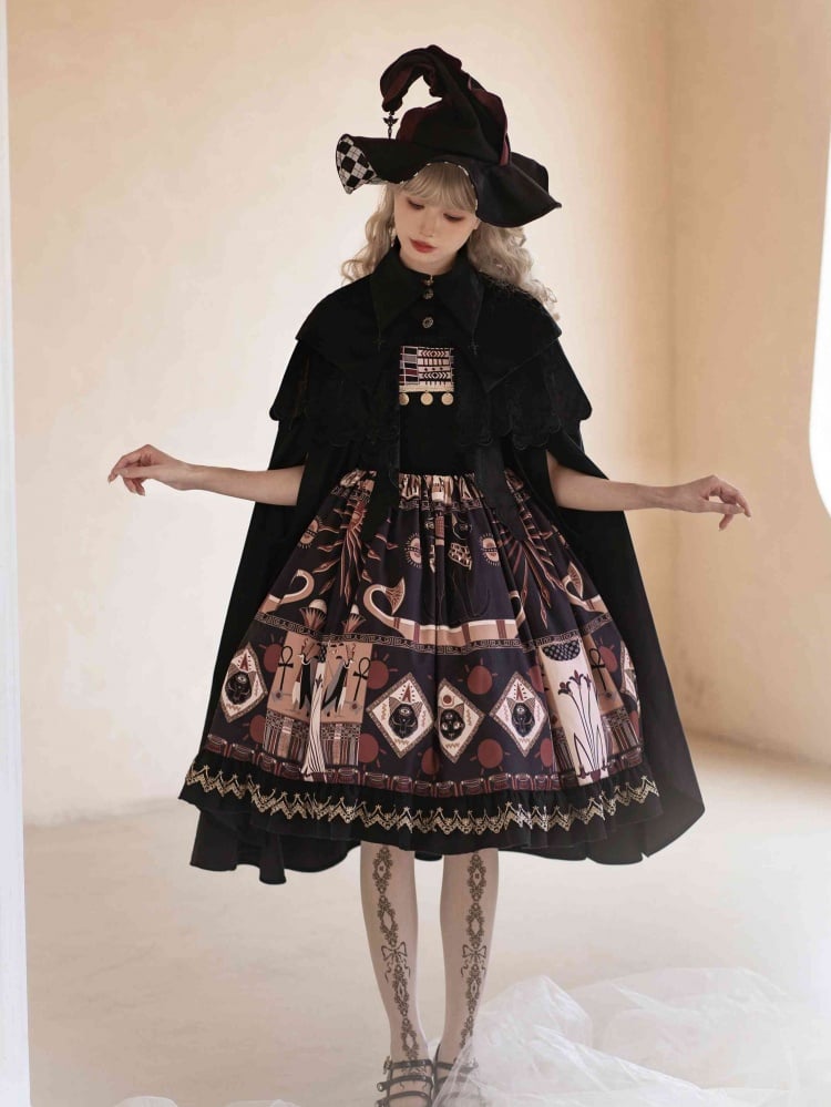 Black Ancient Egypt Totem Print High Waist Jumper Skirt