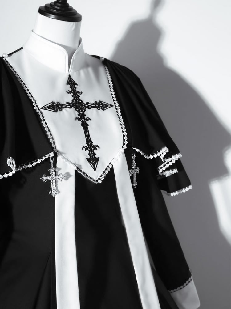 Black and White Cross Embroidery Gothic Nun Lolita Dress + Cape