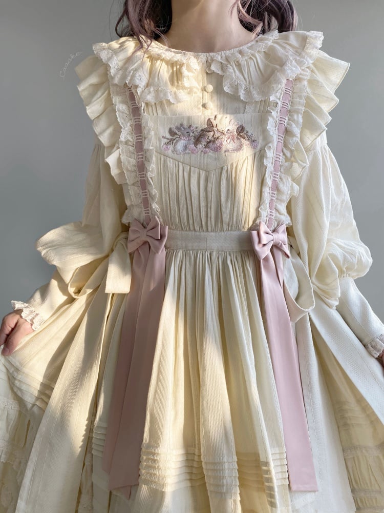 Creamy Rabbit and Strawberry Embroidery Overdress