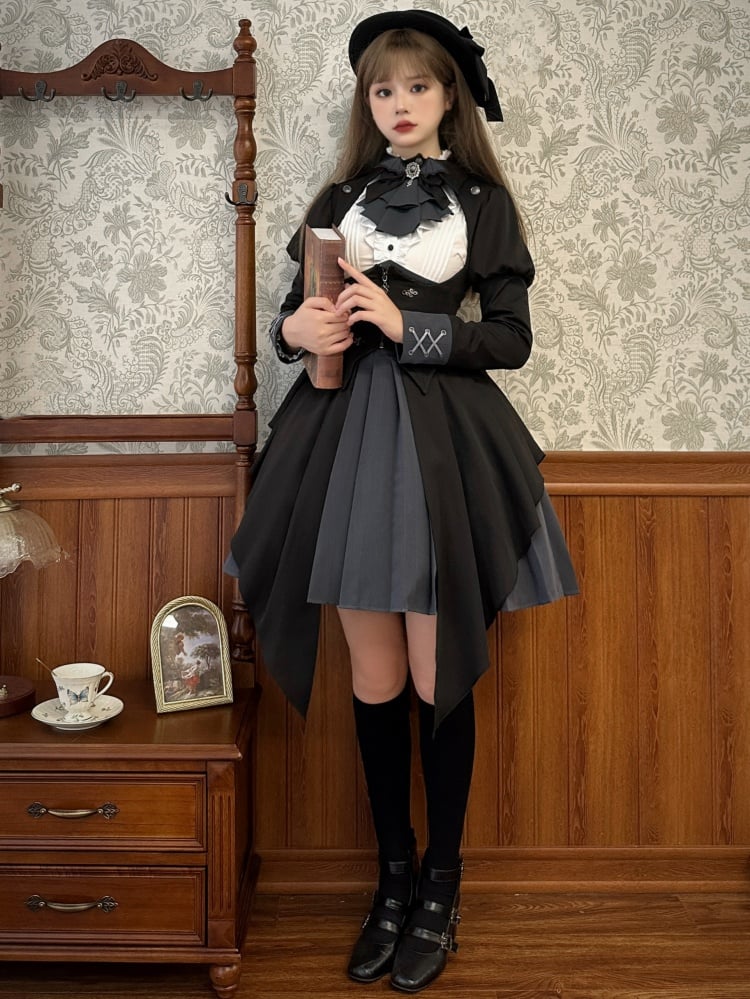 Black Pleated Skirt Corset Waist Long Sleeves White Bodice Autumn Dress