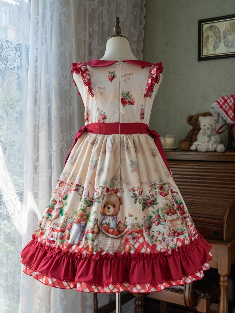 Bear Embroidery and Strawberry Print Red Sweet Jumper Skirt