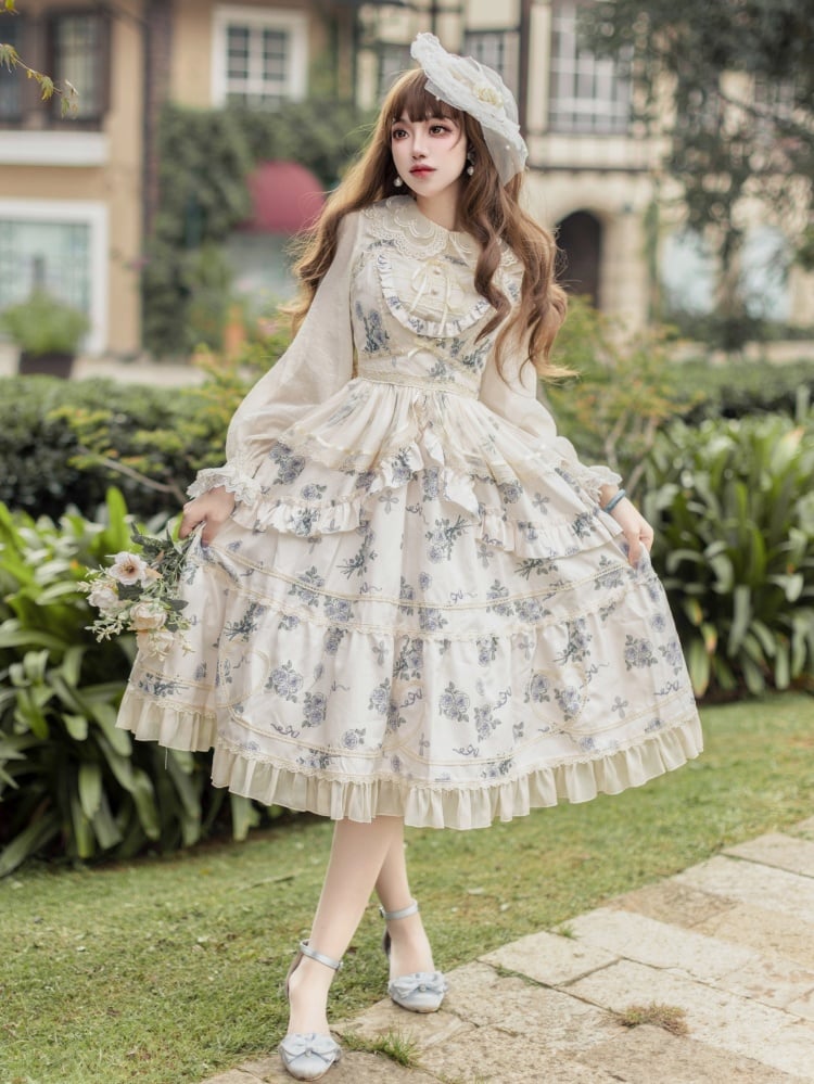 Apricot Elegant Floral Dress Rosette Print Jumper Skirt - Sukuroi