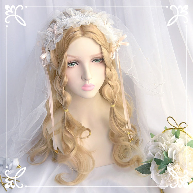 Light Gold Long Curly Synthetic Wig with Bangs