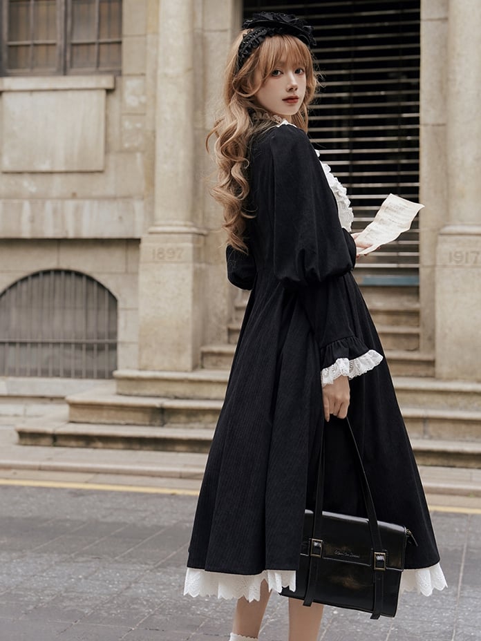 Black and White Elegant Leg-of-Mutton Sleeves One Piece