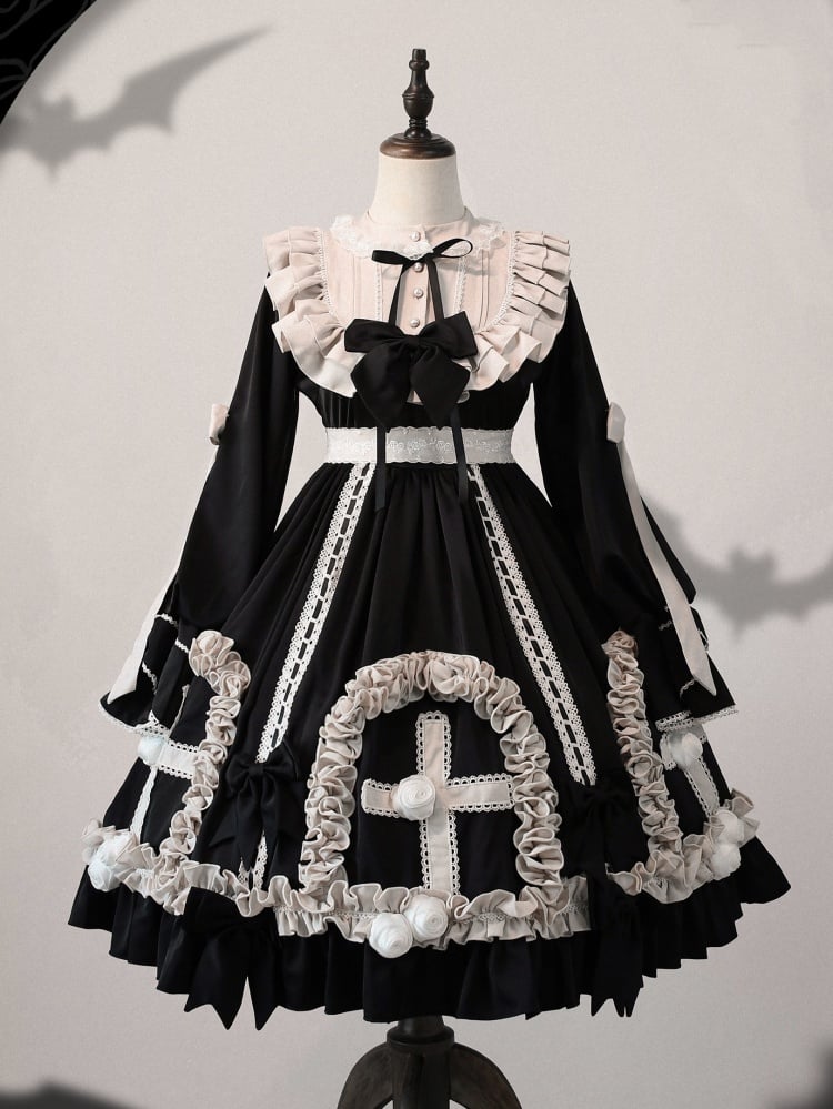 Black and White Gothic Empire Waist One Piece Cross Pattern and Roses Hem