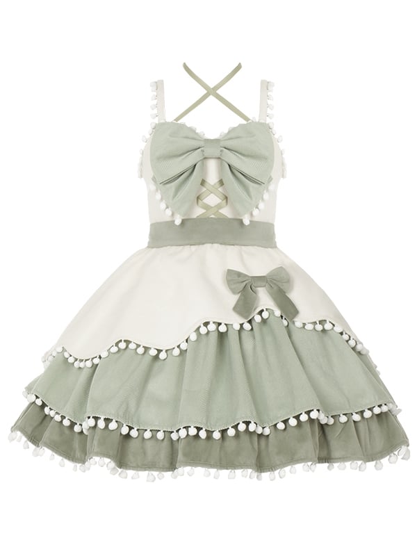 Pompoms Trimmed Tiered Hem Green and Beige Jumper Skirt