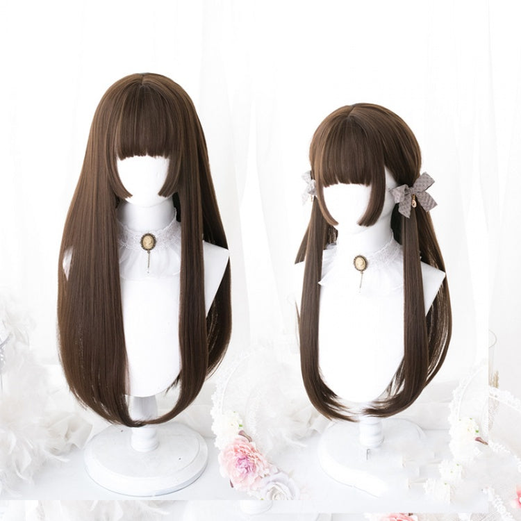 A Jiang Black / Chocolate Long Straight Synthetic Wig with Bangs