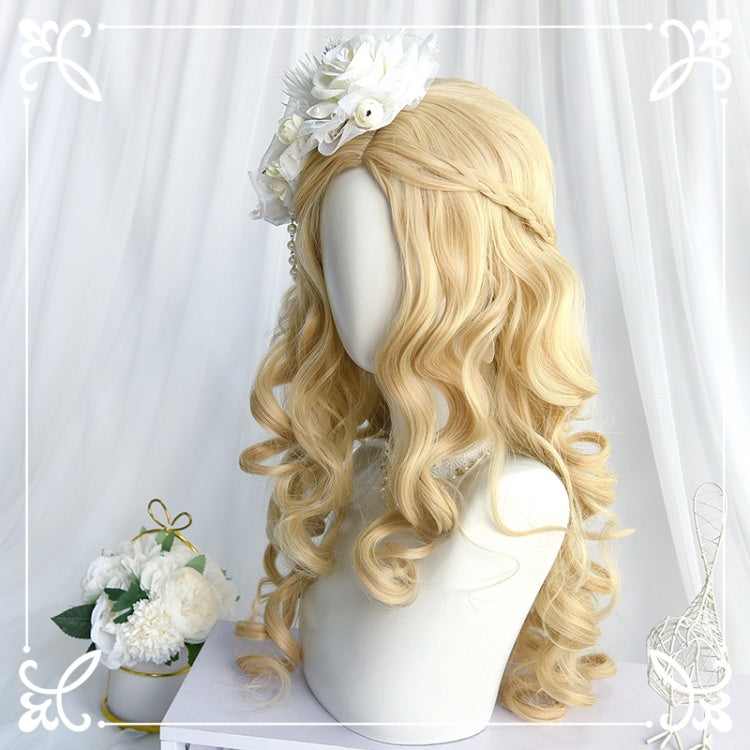 Light Gold Long Curly Synthetic Wig with Bangs